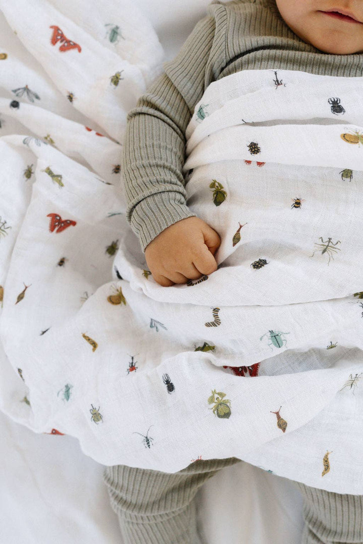 Clementine Kids Cutie Crawlies Swaddle wraps babies in soft muslin swaddle blankets for cozy comfort.