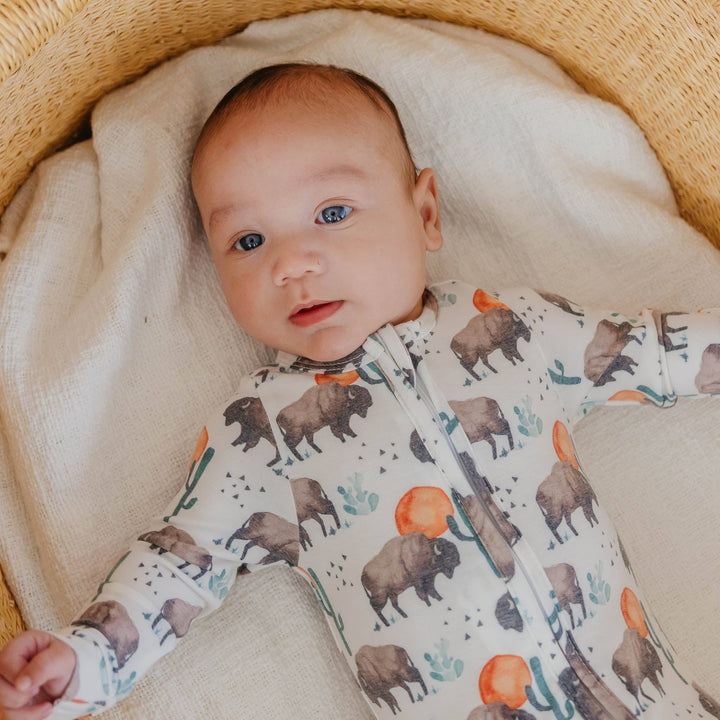 Detail of Copper Pearl Bison footed pajamas showing fabric and fit, breathable baby sleepwear for everyday use