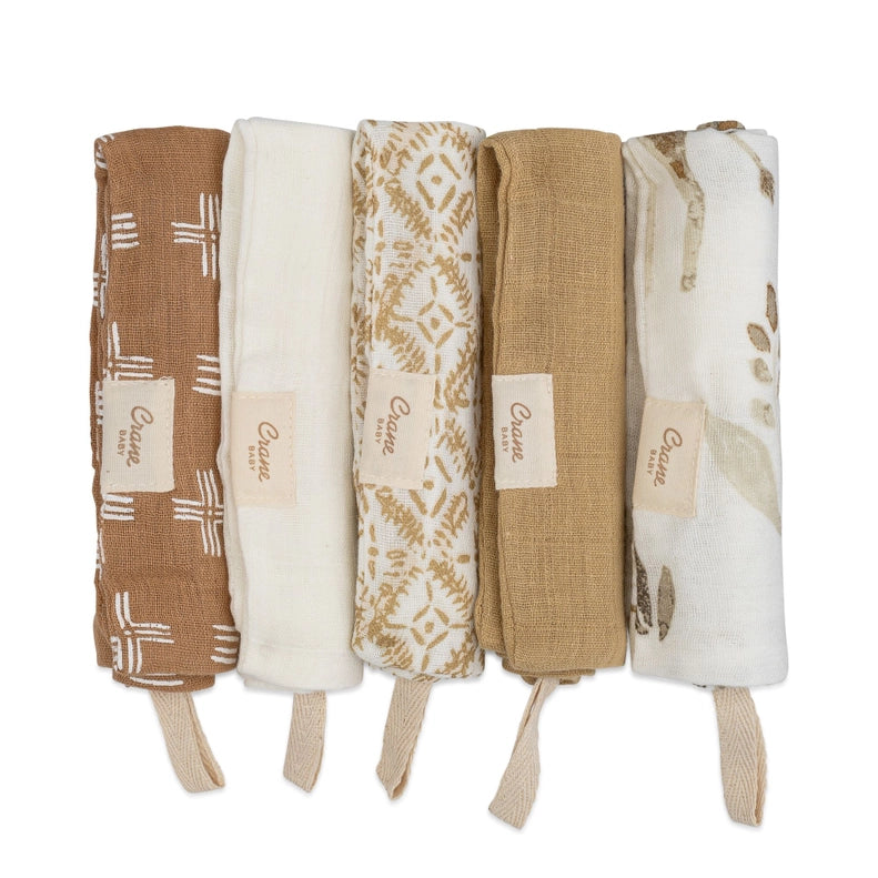 Kendi 5-pc. Wash Cloth Set in Safari Animal by Crane Baby, featuring adorable safari animal prints. A great option for soft cloth washcloths for babies.