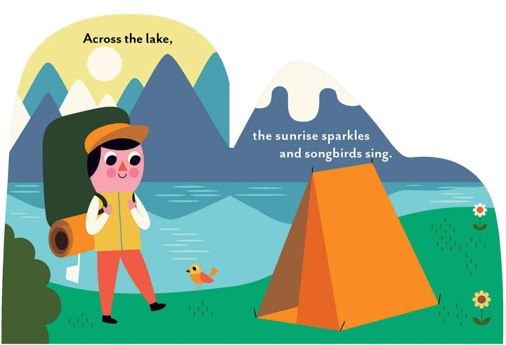 view of page of childrens illustrated book with camper, tent, and mountains 