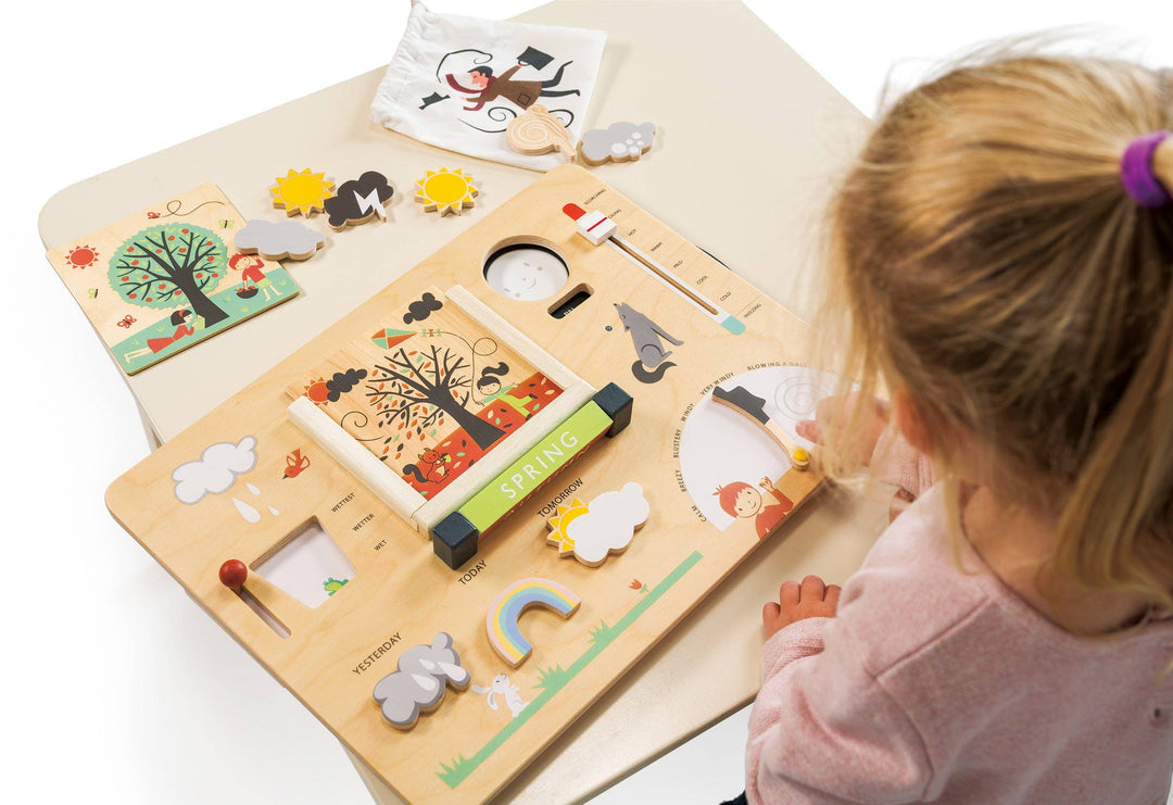 Two girls play together with the Tender Leaf Toys Weather Watch during pretend learning