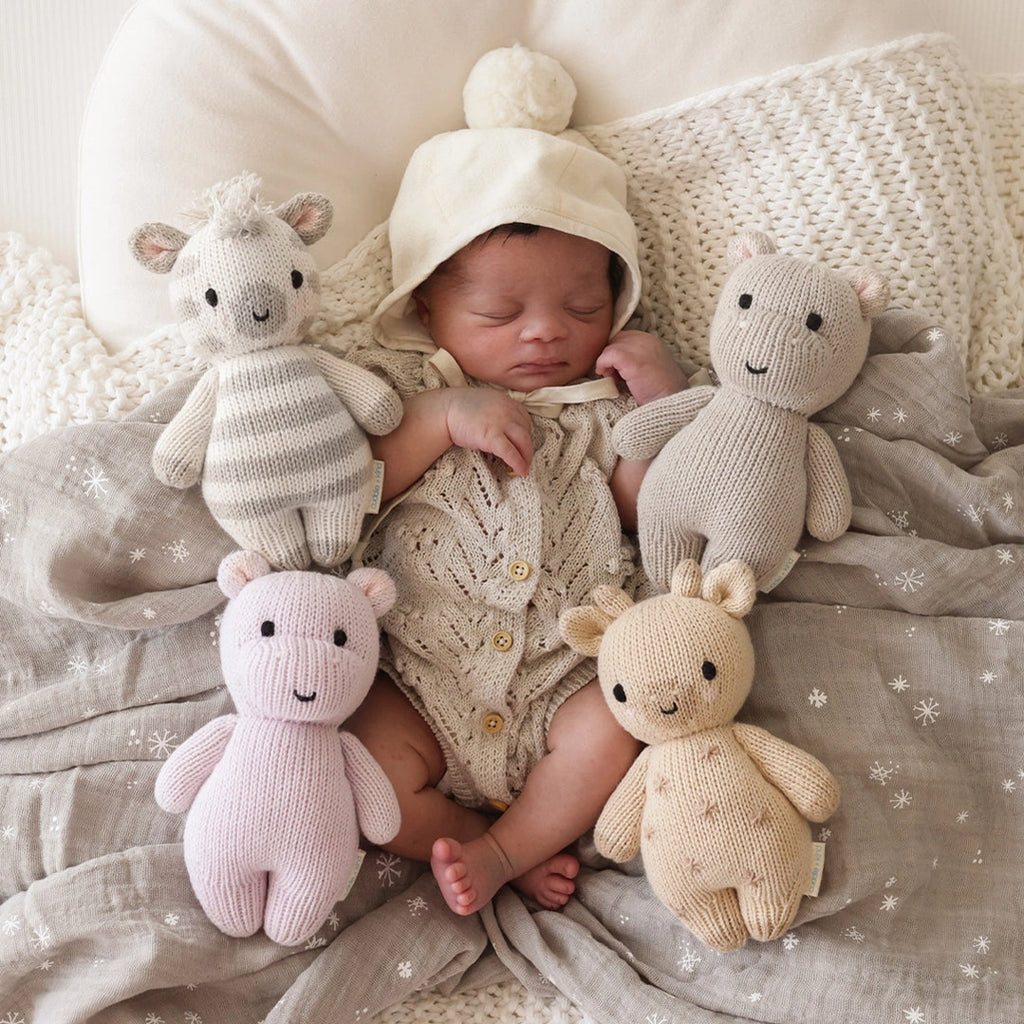 infant with cuddle + kind stuffed animal