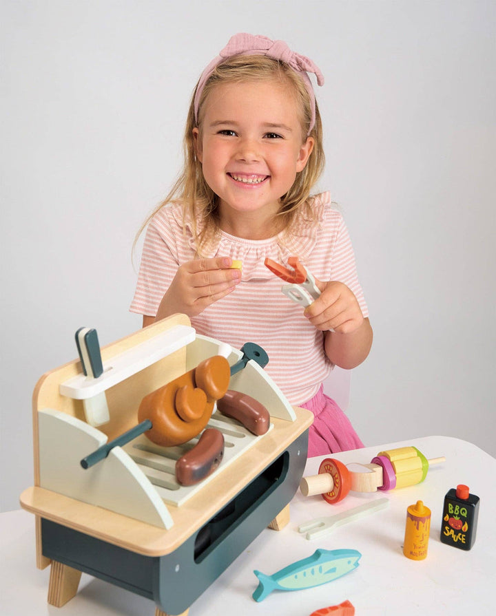 Tender Leaf BBQ Play Set realistic play grilled foods set with wooden shrimp, chicken, and kabobs for endless toddler cooking fun.