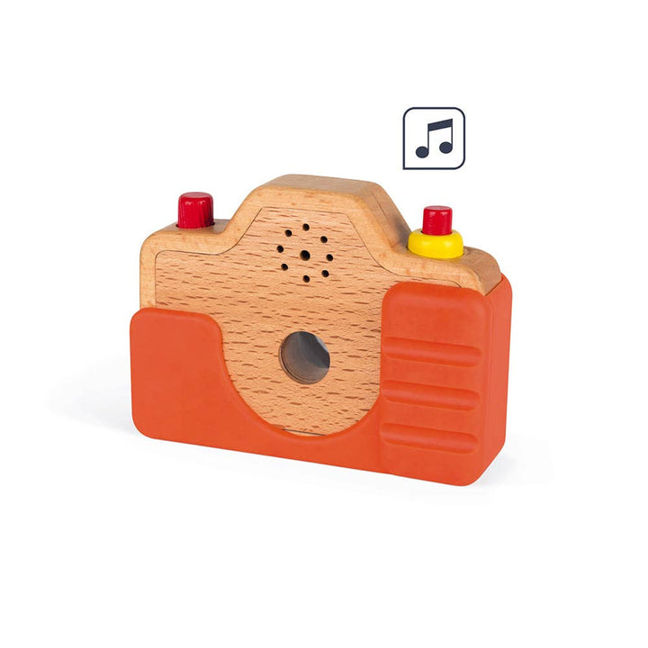 janod wooden toy camera with orange and red motifs