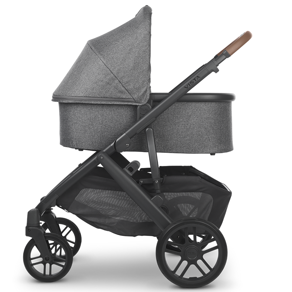 Side View of Uppababy Vista Stroller V2 with Bassinet Accessory in Dark Grey