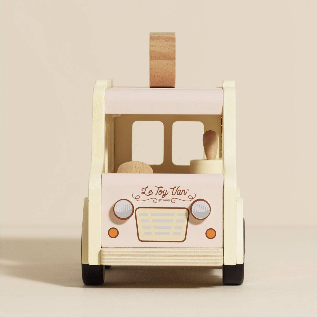 Le Toy Van pink wooden ice cream van with pretend freezer and cone stand