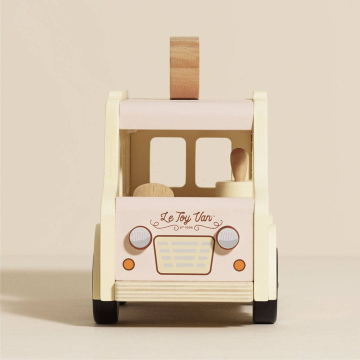 Le Toy Van pink wooden ice cream van with pretend freezer and cone stand