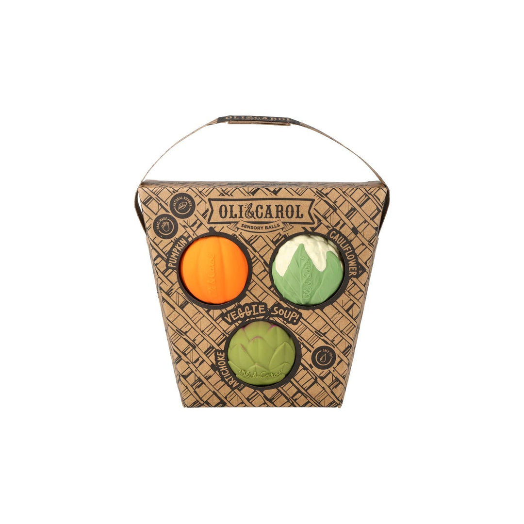 Oli & Carol Veggie Soup Baby Sensory Balls packaged in an illustrated carrying box