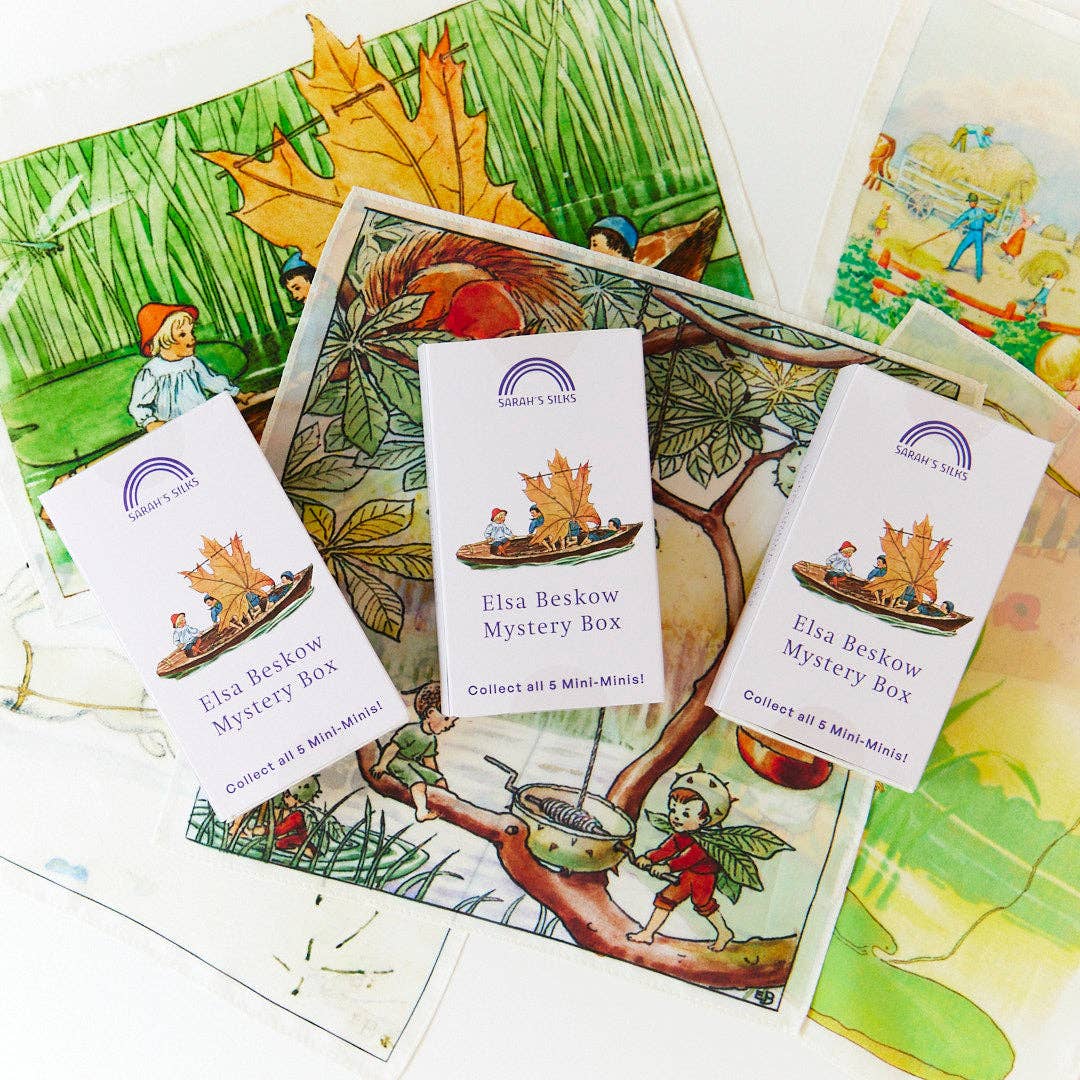 A closer look at the woodland scenes tucked inside each Sarah's Silks Elsa Beskow Mini Mystery Playsilk
