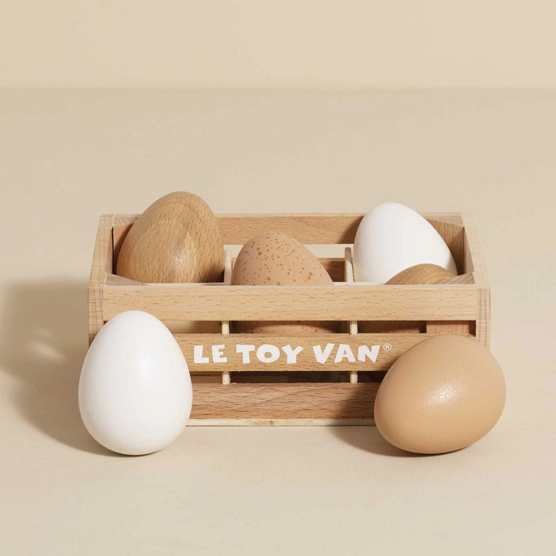 Le Toy Van Farm Eggs Wooden Market Crate with colorful wooden eggs, perfect for imaginative kids toys and creative play