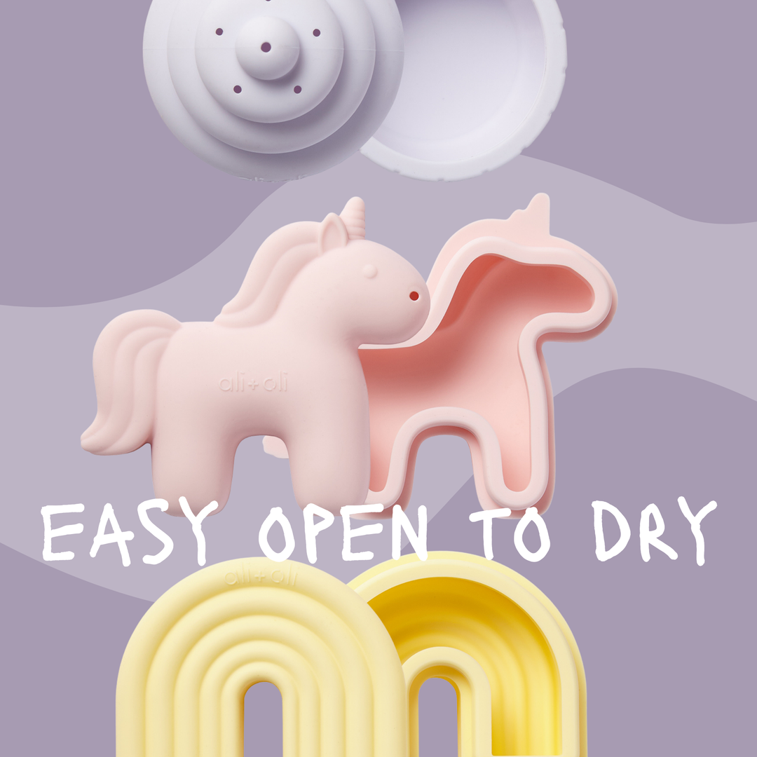 Ali+Oli mold free silicone bath toys easy open design showing unicorn rainbow and cupcake bath toy pieces drying for hygienic bath play