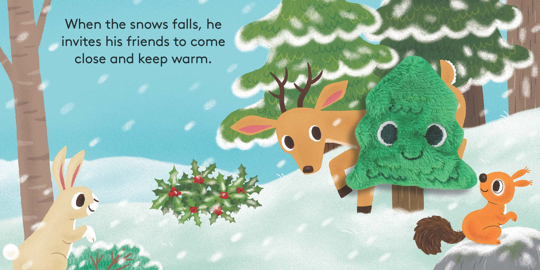 Snowy spread from Little Fir Tree Finger Puppet Book inviting woodland friends