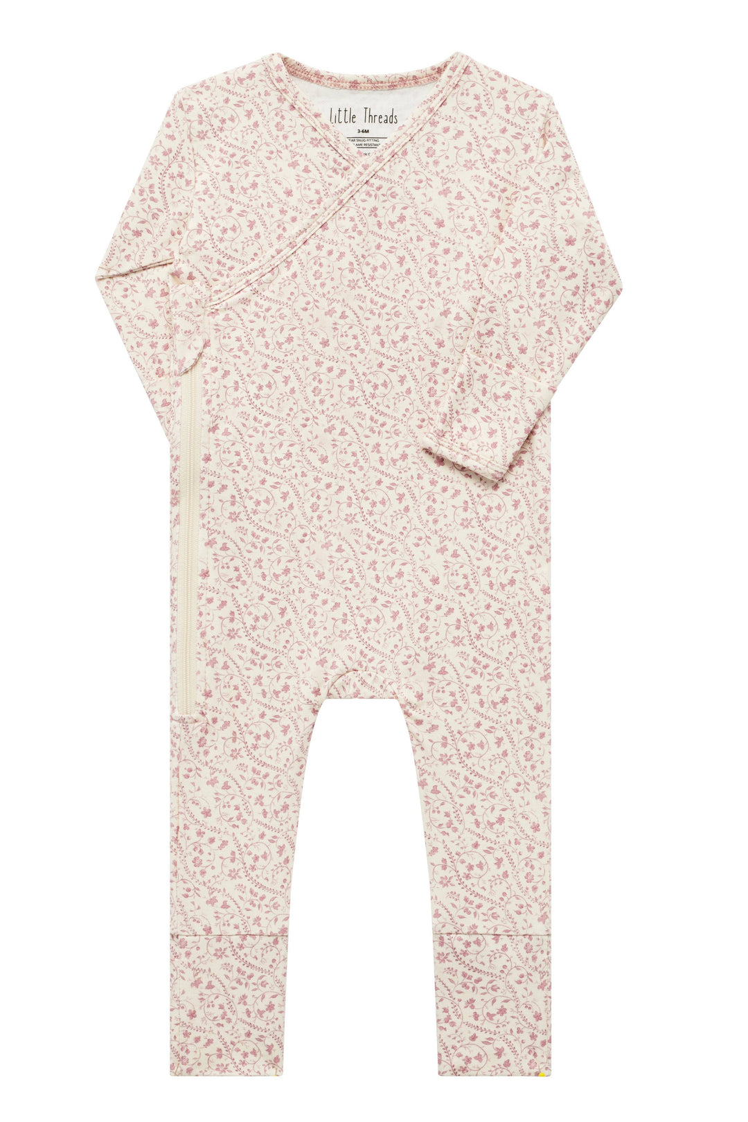 Mauve heirloom vine bamboo wrap footie by Little Threads laid flat showing kimono style closure