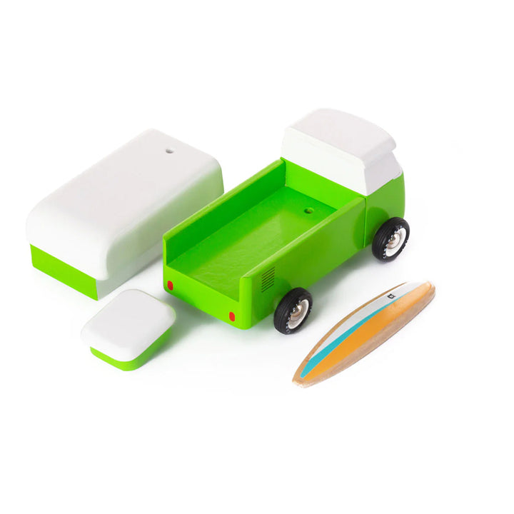 Retro wooden camper van by Candylab, designed for adventure.