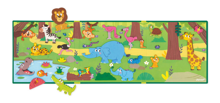 Magnet toys for kids safari scene by Janod with lion, giraffe, and monkey magnets