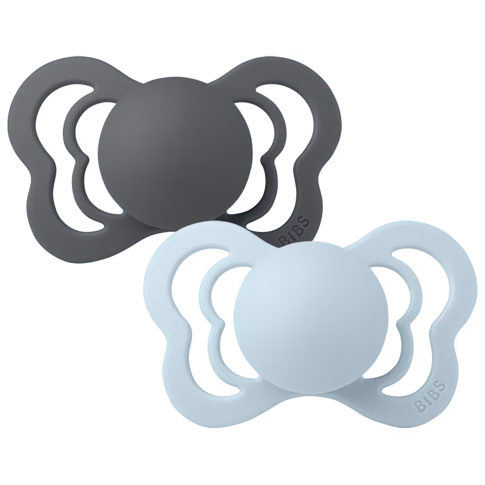 BIBS Couture 2 Pack Pacifier in Iron and Baby Blue, a chic pacifier baby option blending modern design and function.