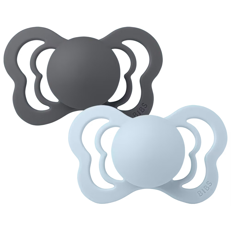 BIBS Couture 2 Pack Pacifier in Iron and Baby Blue, a chic pacifier baby option blending modern design and function.
