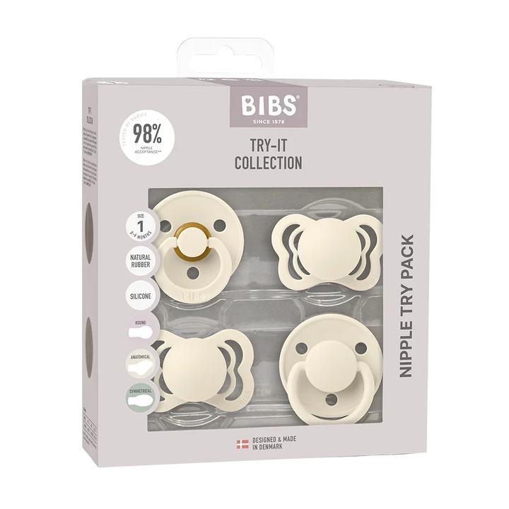 Ivory BIBS Try It Collection 4-Pack, baby binky set designed for newborns.