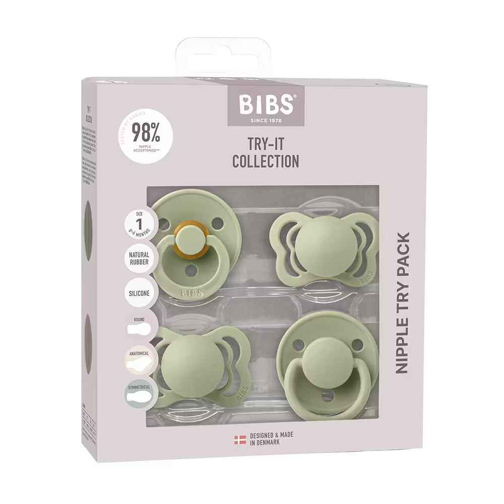 Sage BIBS Try It Collection 4-Pack, perfect newborn pacifier set for babies.