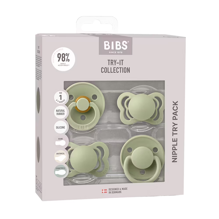Sage BIBS Try It Collection 4-Pack, perfect newborn pacifier set for babies.