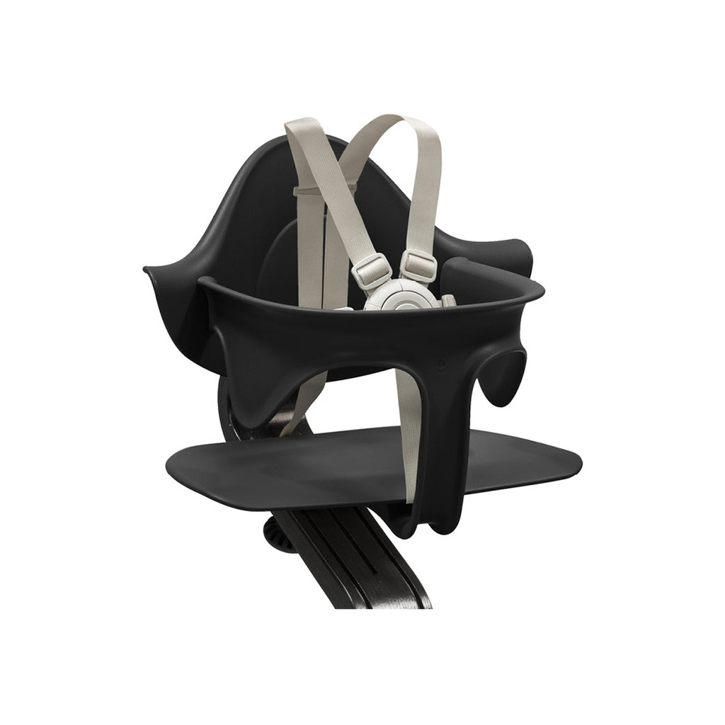 Close up of the black on black stokke Nomi high chair.