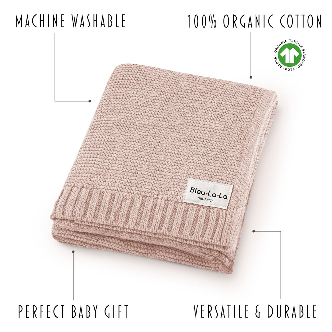 Machine Washable, Organic Cotton, durable  Bleu La La Heritage Knit Swaddle Blanket in blush pink