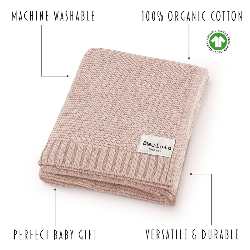 Machine Washable, Organic Cotton, durable  Bleu La La Heritage Knit Swaddle Blanket in blush pink