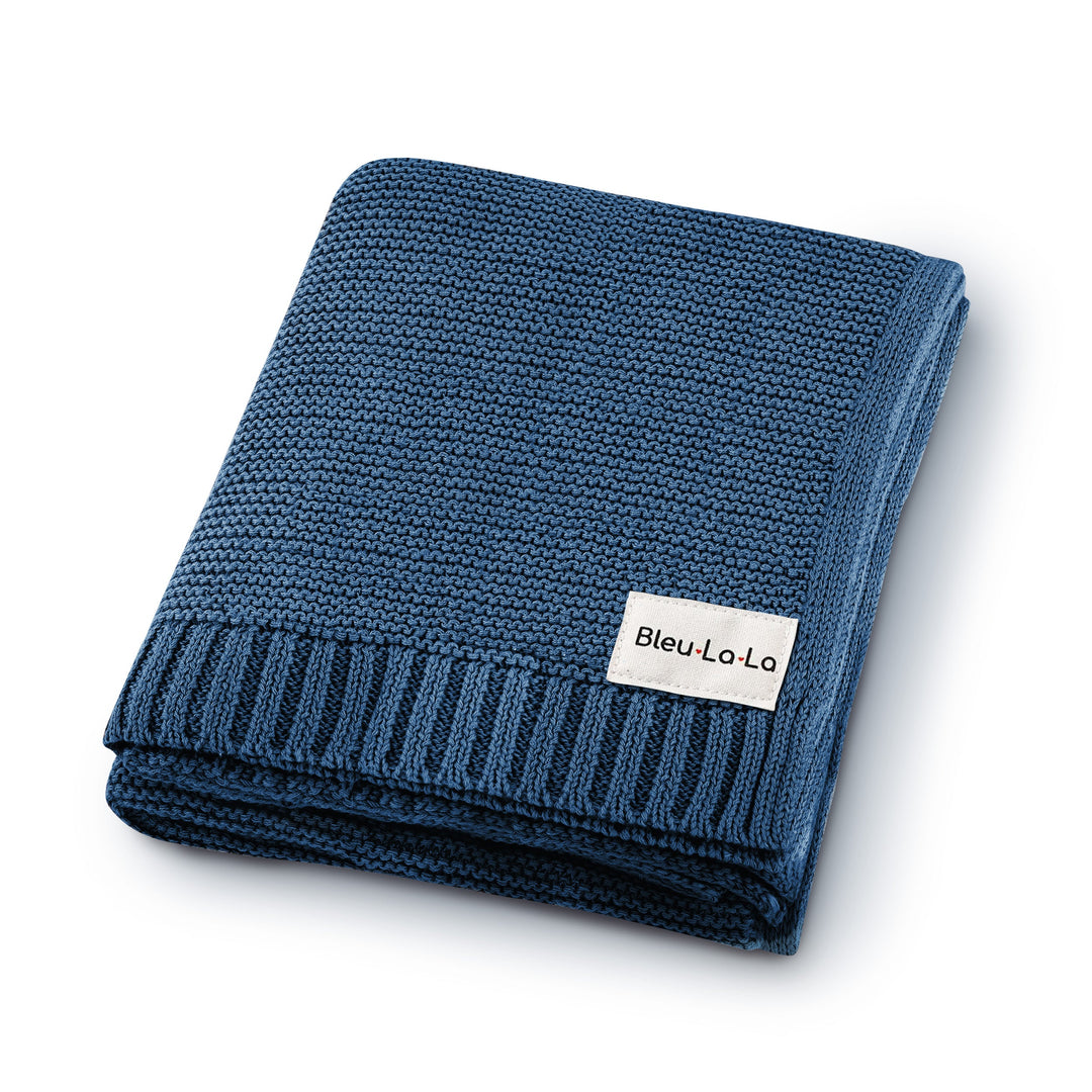 Folded Bleu La La Heritage Knit Blanket in Cobalt