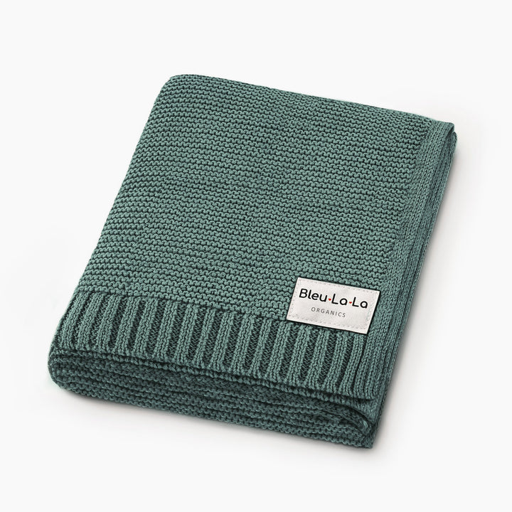 Folded Bleu La La Heritage Knit Blanket in Hunter Green