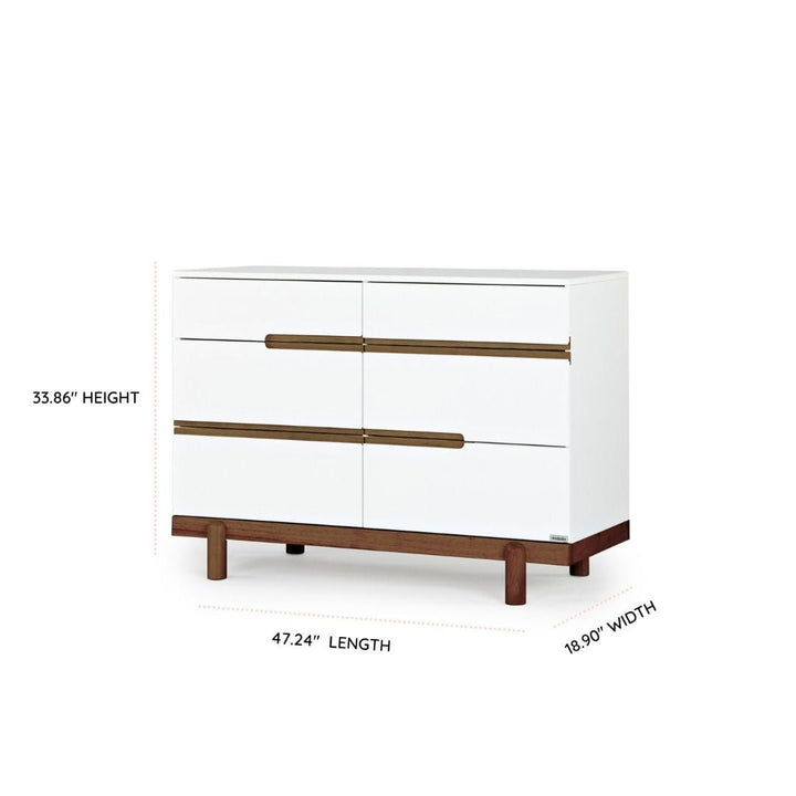 Organize with ease using the Dadada Bliss 6-Drawer Dresser in White & Walnut, a must-have dresser for nursery.