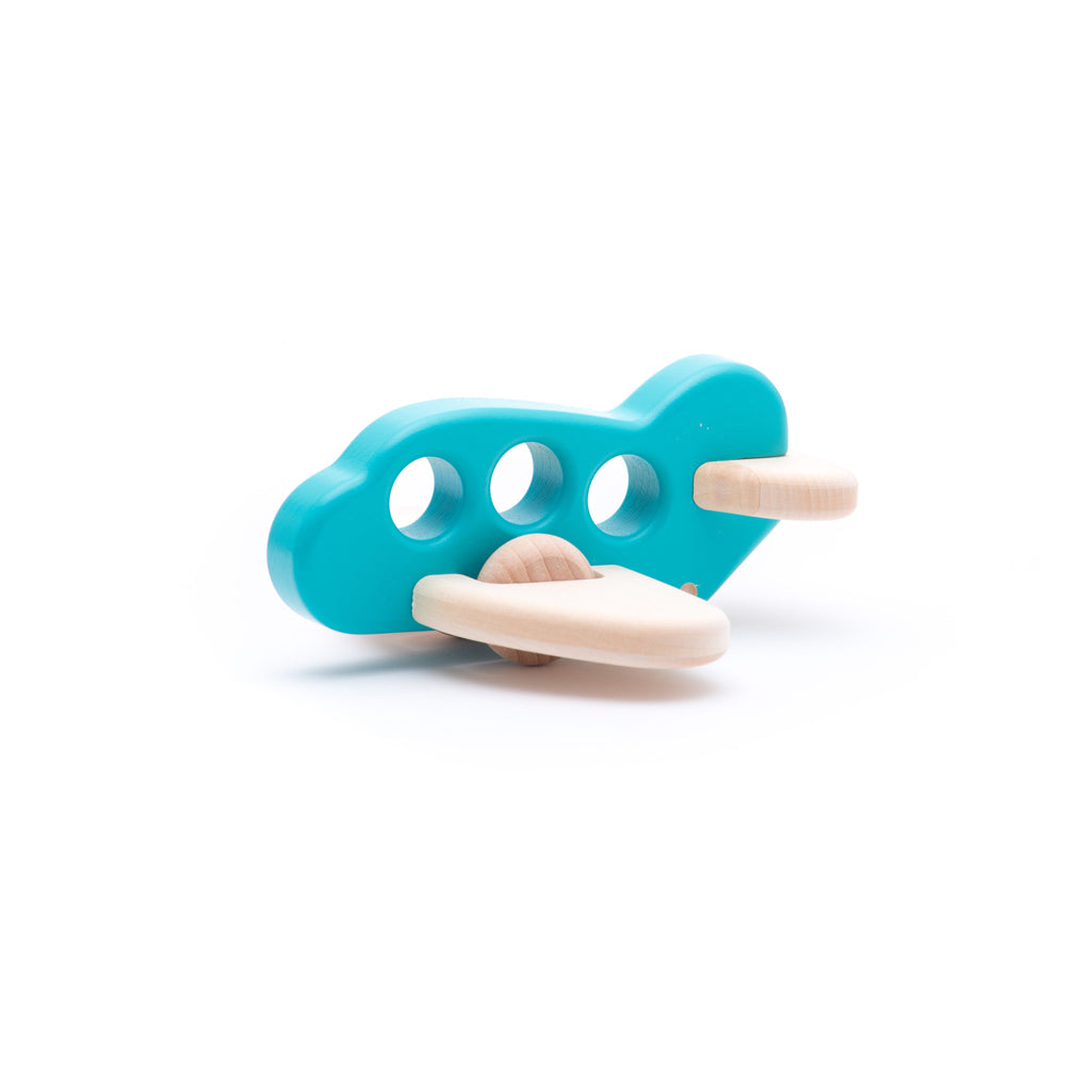 Bajo Wood Toy Race Car in Blue, a vibrant blue wooden race car designed for kids to zoom around and enjoy pretend racing fun.