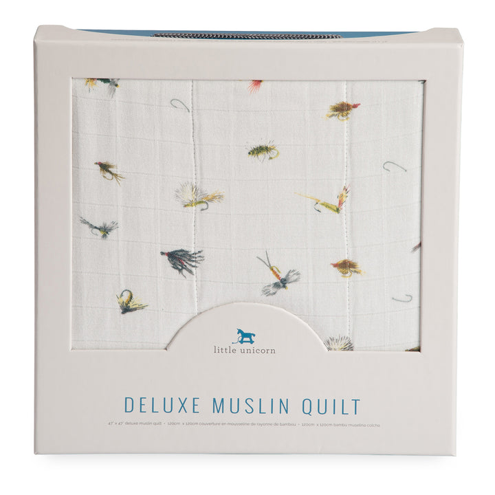 Little Unicorn Deluxe Muslin Quilt - Gone Fishing, a lightweight muslin blanket baby boys will cherish.