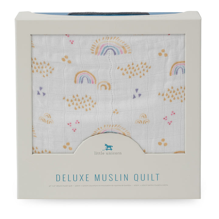 Charming and cozy, the Little Unicorn Deluxe Muslin Quilt - Rainbows & Raindrops makes one of the best baby blankets.