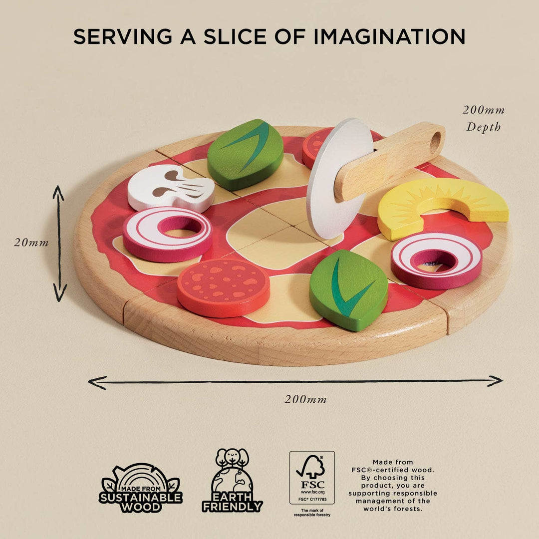 A diagram of the wooden pizza's width and depth appears alongside eco certification stamps