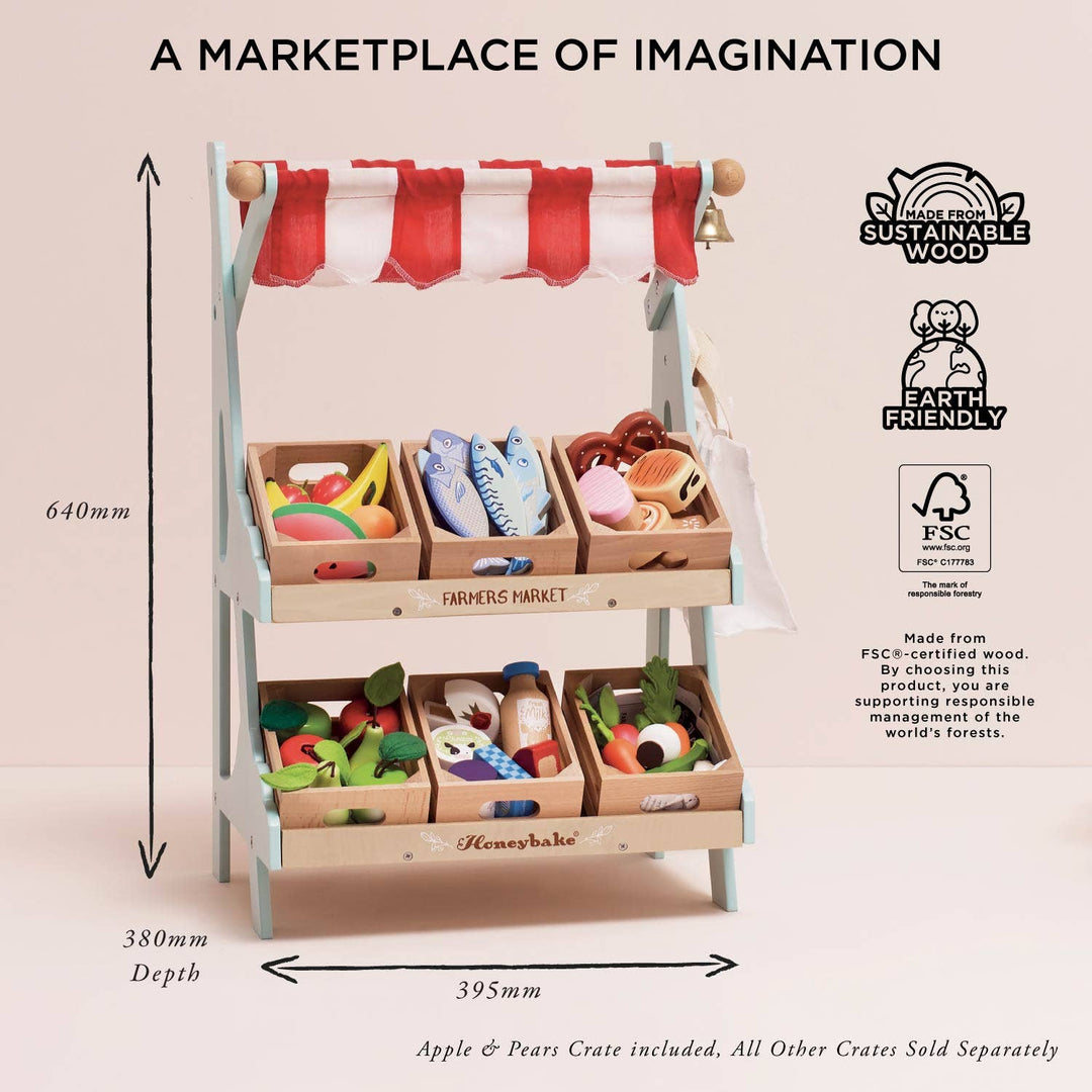 An infographic listing height, width, and depth measurements for the Le Toy Van Wooden Market Stall