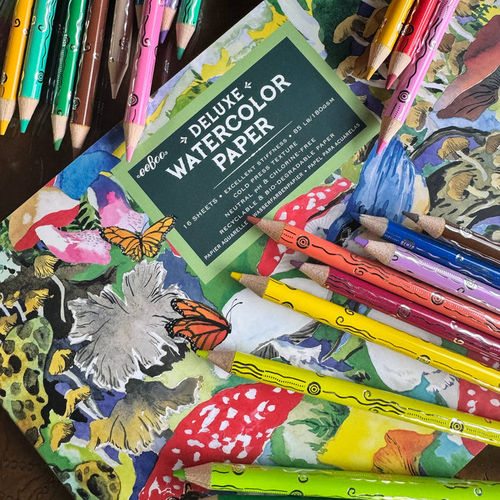 eeBoo Mushroom Watercolor Pencils close-up of illustrated box and silver foil pencil detail