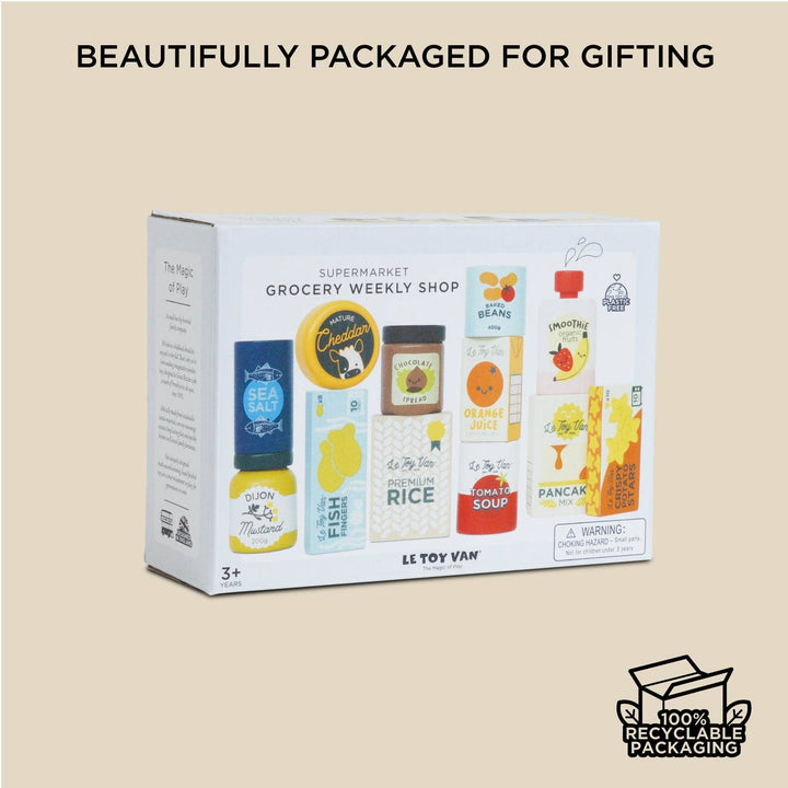 Encourage creative grocery adventures with the Le Toy Van Supermarket Grocery Weekly Shop, a Montessori toy for children.