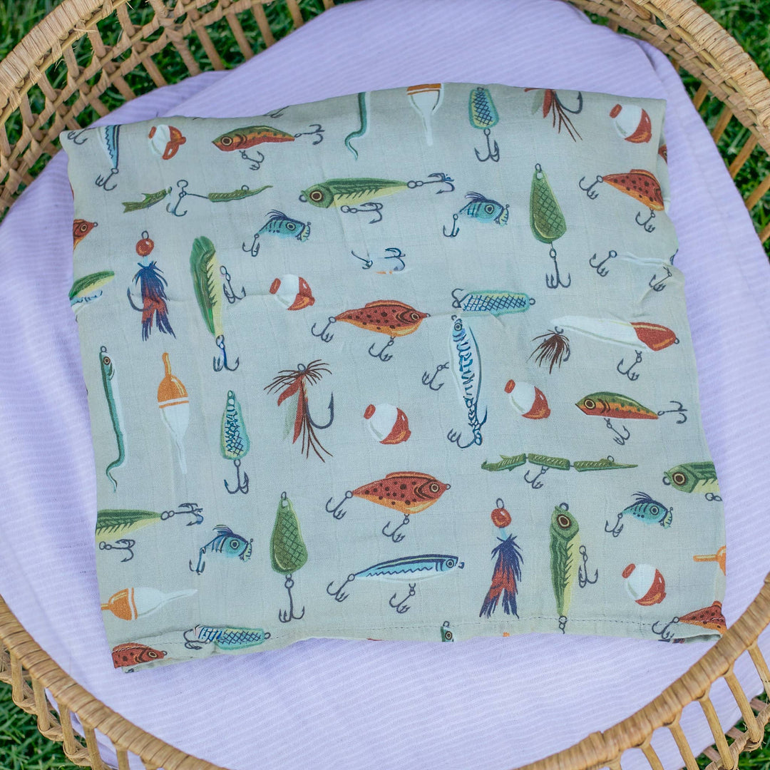Mady & Max Gone Fishing Muslin Swaddle, 100% cotton baby swaddle blanket