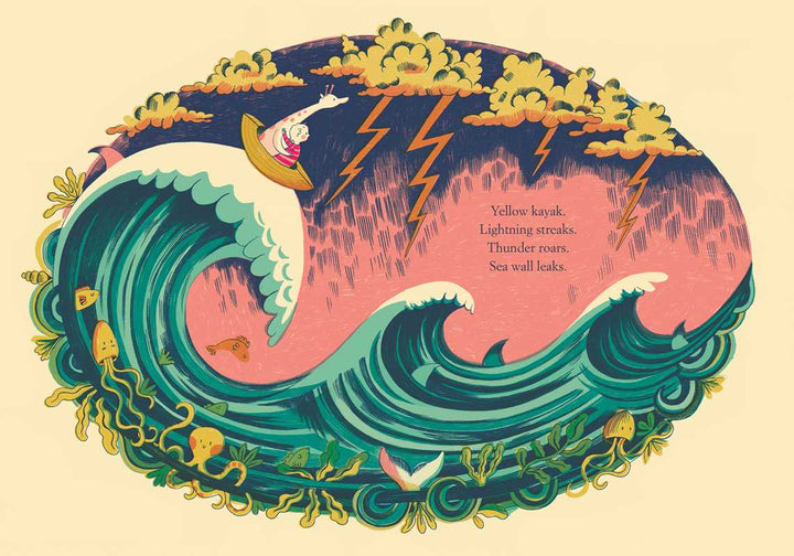 A swirling wave pattern fills this Yellow Kayak hardcover illustration, a Simon & Schuster kids book