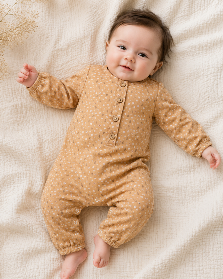 Viverano Floral Button Front Baby Jumpsuit in Mustard - organic muslin