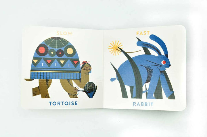 Graphic whitespace spread from Babylink Animal Opposites early concept book for infants