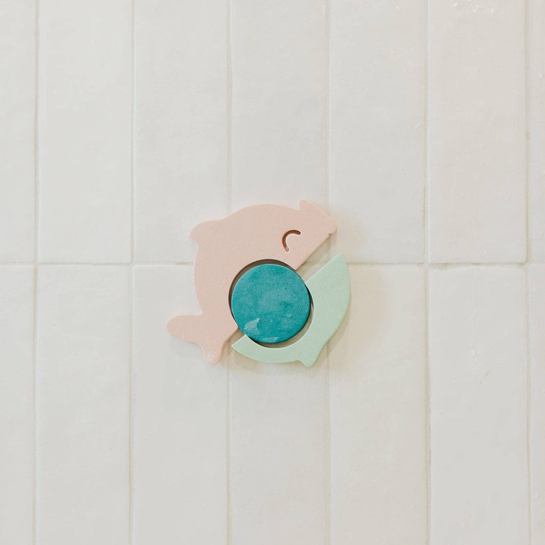 Close up of individual foam bath toy piece, ocean themed toddler bath toy for sensory learning