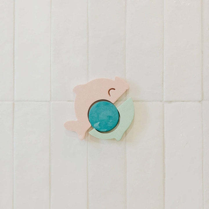 Close up of individual foam bath toy piece, ocean themed toddler bath toy for sensory learning