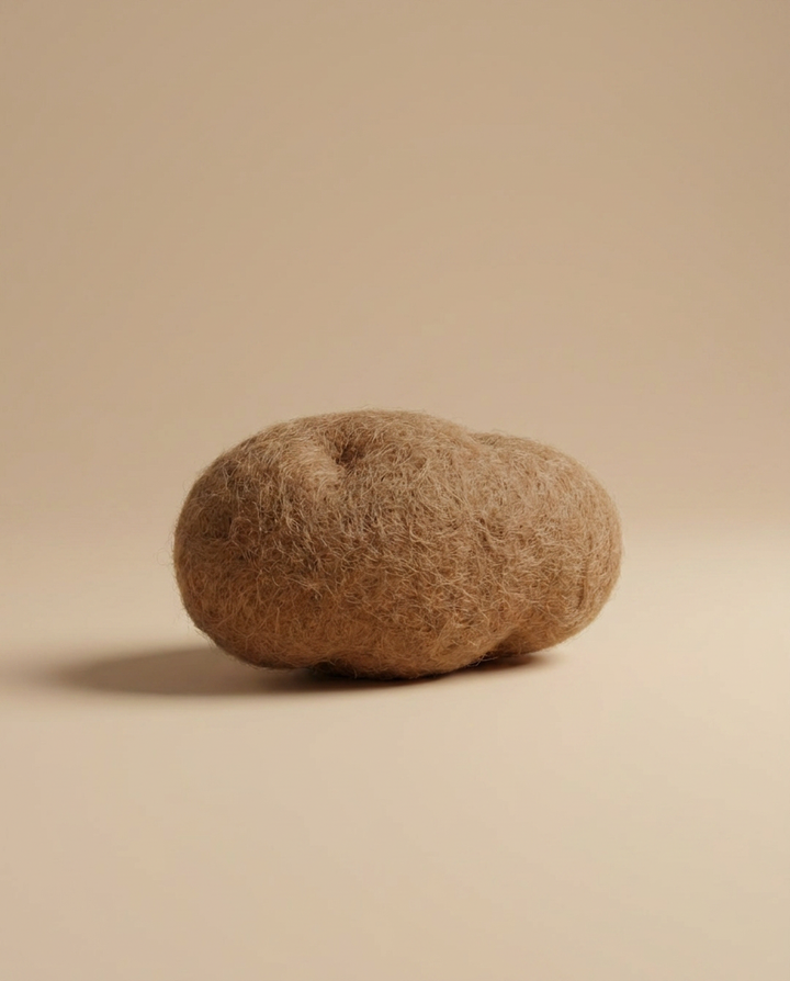 Side view of Kaddu's Felt Potato showing handcrafted wool texture