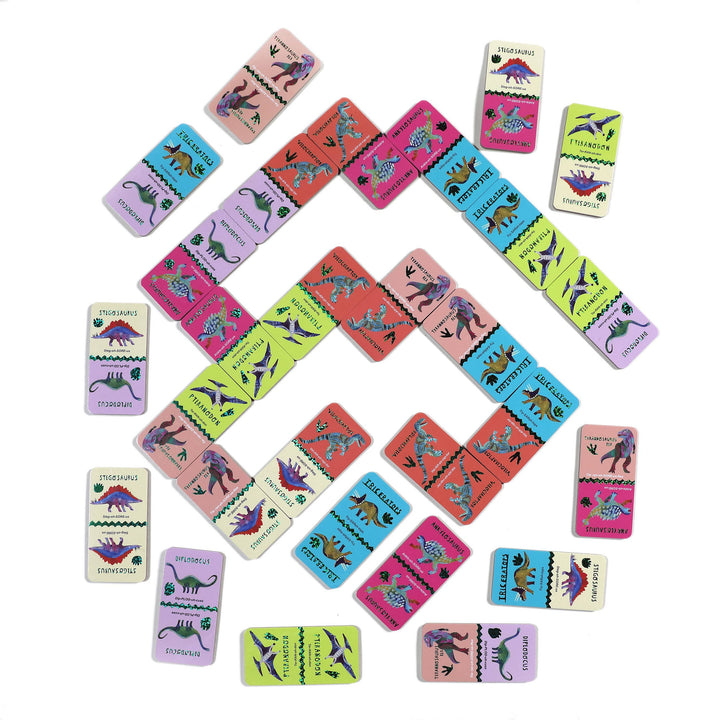 eeBoo Giant Dinosaur Dominoes set spread out showing holographic shimmering pieces