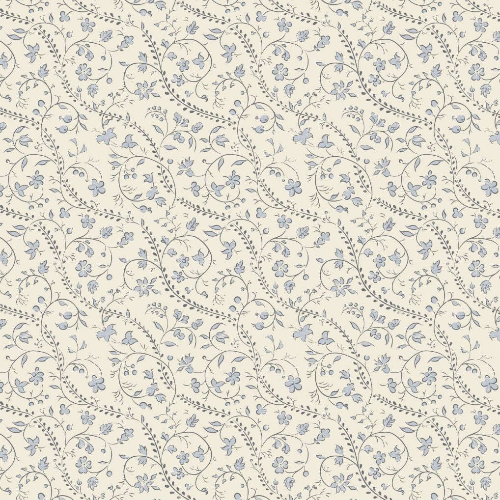 Close up of Little Threads bluebell heirloom vine muslin fabric, lightweight baby swaddle blanket with breathable organic cotton texture