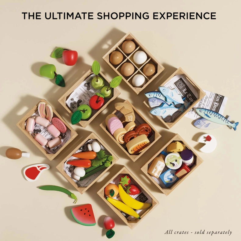 Le Toy Van Farm Eggs Wooden Market Crate with eco-friendly hand-painted eggs, a charming wooden toy for kids playtime