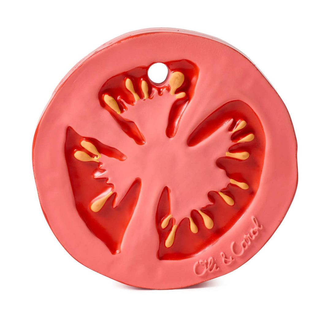 Oil & Carol Renato the Tomato baby teether, natural rubber teething toy for infants, sensory play, chewing, and teething relief