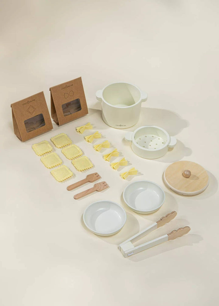 Crafted for hands-on fun, the Coco Village Wooden Pasta Playset in Natural offers organic inspiration in pretend play for little ones.