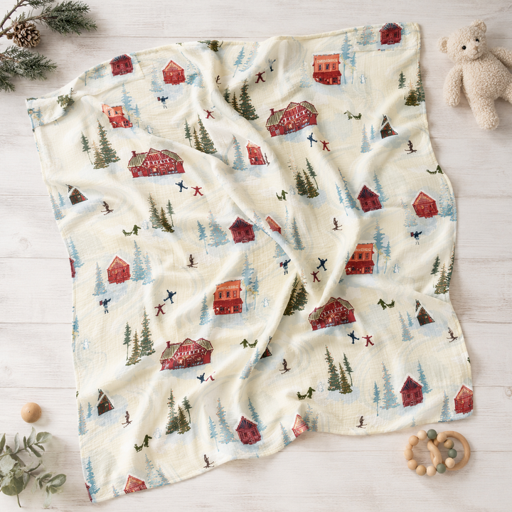 Mady & Max Winter Village Muslin Swaddle, cotton baby swaddle blanket